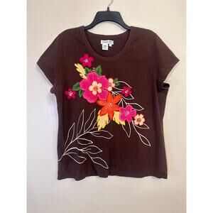 Coldwater Creek Embroidered Floral Applique Top Boho Brown Short Sleeve XL